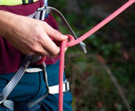 Rock Climber Wearing Safety Harness With Rope With Climbing Eight Knot