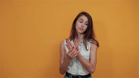 Serious Caucasian Young Woman Keeping Hand On Neck Strangle Herself Stock Video Video Of