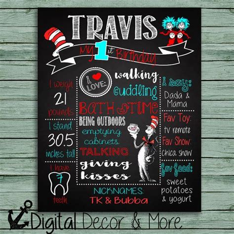 1st Birthday Chalkboard Style Poster Dr Seuss Cat In The Hat Boy