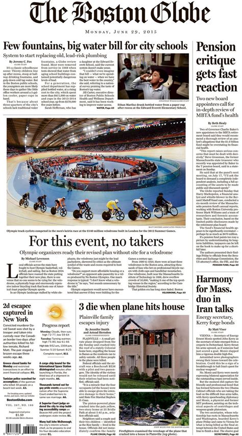 Boston Globe Front Page June 29 2015 Boston Globe Fountains Boston
