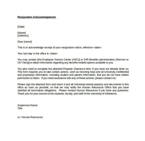 Acknowledgement Of Resignation Letter Sample