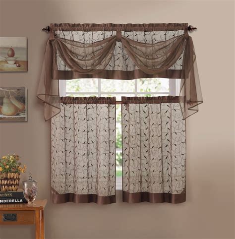 Chocolate Brown Embroidered Kitchen Window Curtain Set 1 Valance With