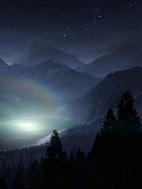 Free Download Lake Night Cg Stars Trees Mountains Landscape Wallpaper