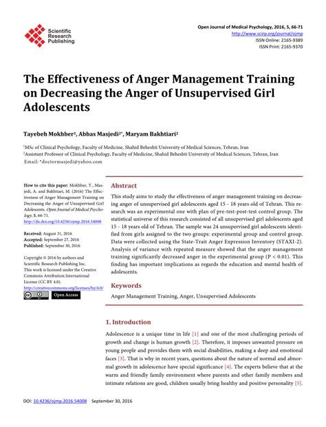 pdf the effectiveness of anger management training on decreasing the anger of unsupervised