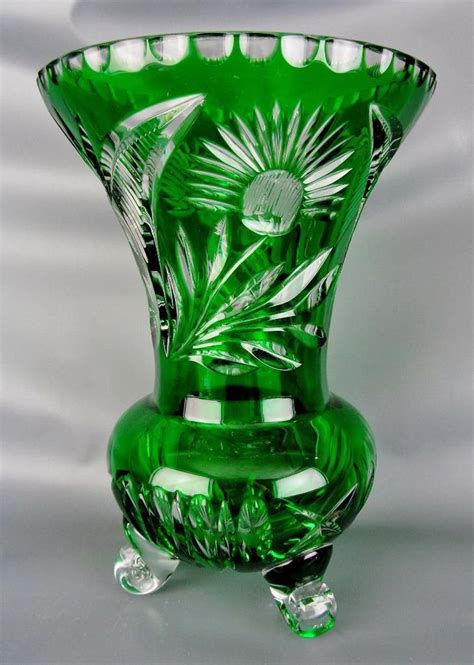 Art Glass Bohemian Green Cut To Clear Leaded Crystal Footed 10 Thistle Vase Glass Art