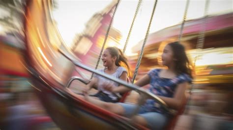 premium ai image two teens riding on a swing at carnival motion blur