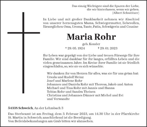 Traueranzeigen Von Maria Rohr Volksfreund Trauer De