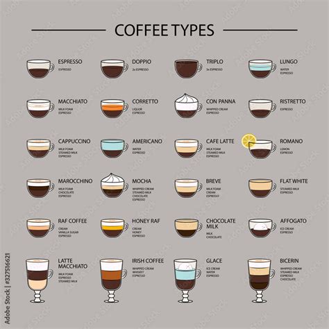 Set Of Coffee Types Menu Espresso Based Coffee Drink Recipes