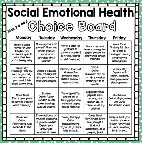 Distance Learning Social Emotional Health Choice Board Social