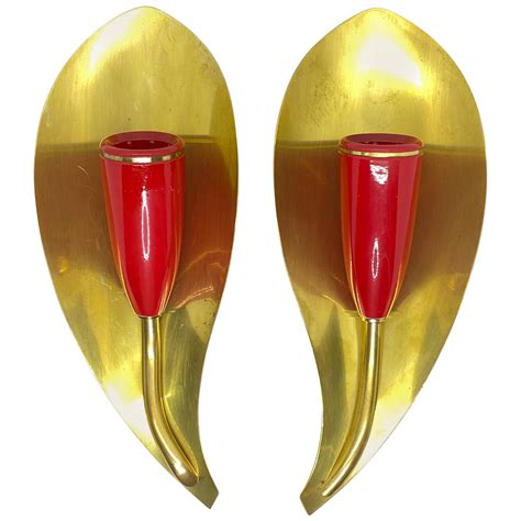 Vintage Stilnovo Red Lacquer And Brass Sconces At 1stdibs