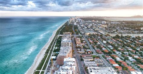 Sunset Skyline Of Miami Beach View From Helicopter Stock Photo Image