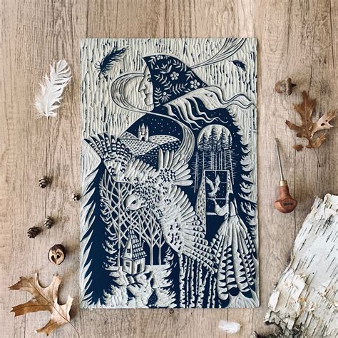 Baba Yaga Folktale Linocut Print T For Nature And Folklore Lover