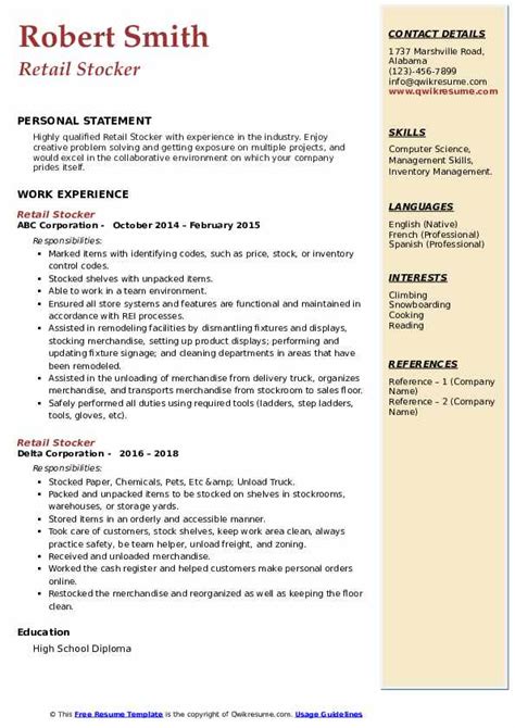 Retail Stocker Resume Samples Qwikresume