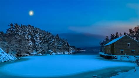 House On The Bay In Norway On A Winter Night Hd Wallpaper Background