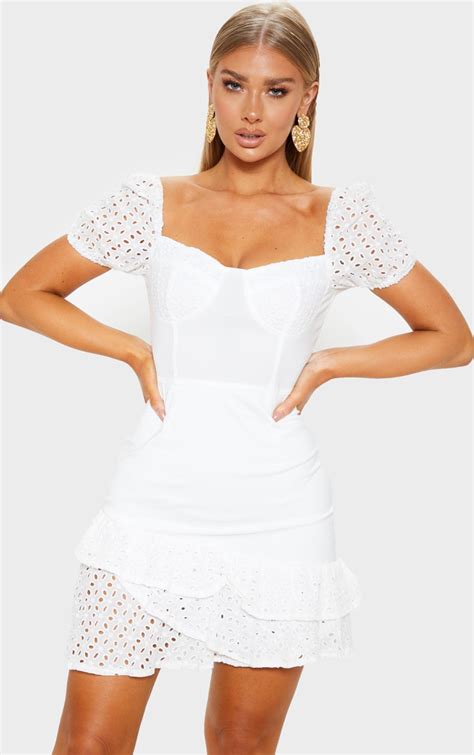 White Puff Sleeve Bodycon Dress Dresses Prettylittlething
