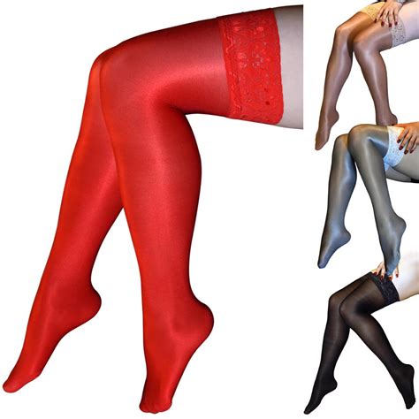 Womens Shiny Glossy Stretchy Thigh High Stockings Lace Silicone Stay Up Hosiery Ebay