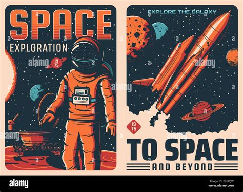 Space Exploration Astronaut And Spaceship Retro Vector Posters Galaxy