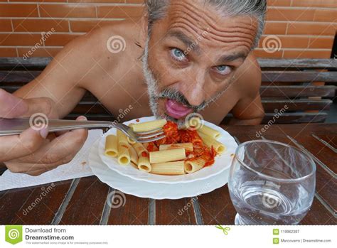 Healty Mature Man Eating Pasta Stock Image Image Of Ingredient Souce 119962397