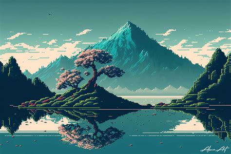 Stunning Lake Mountain Pixel Art Grafik Von Alone Art · Creative Fabrica