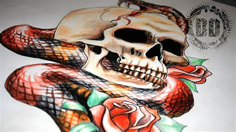 Skull And Snake Tattoo Design Full Length Time Lapse