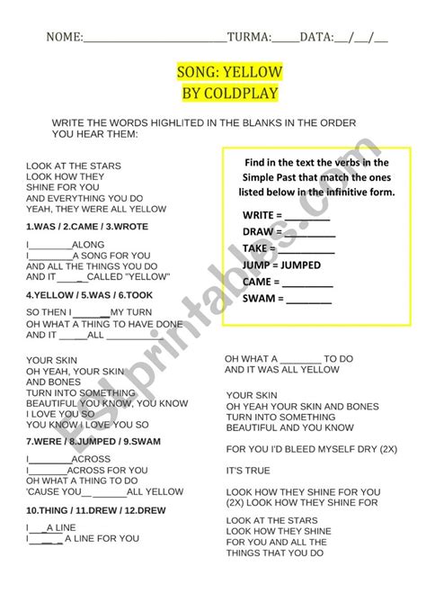 Activity Song Yellow By Coldplay Esl Worksheet By Pmaeli45