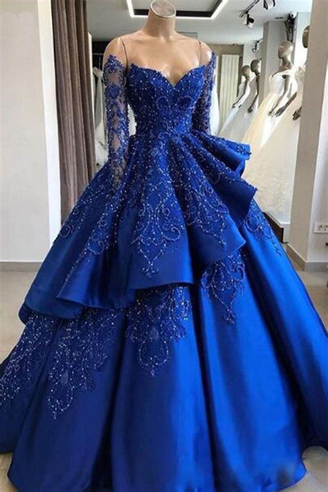Royal Blue Satin Strapless Long Sleeve Beaded V Neck Prom Dress Ball