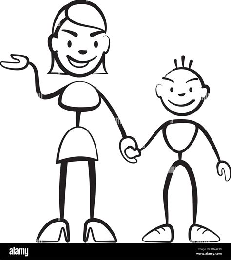 Stick Figure Mother With Son Greeting Stickman Vector Drawing On White