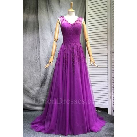 Charming A Line V Neck Low Back Crystal Beaded Purple Tulle Prom