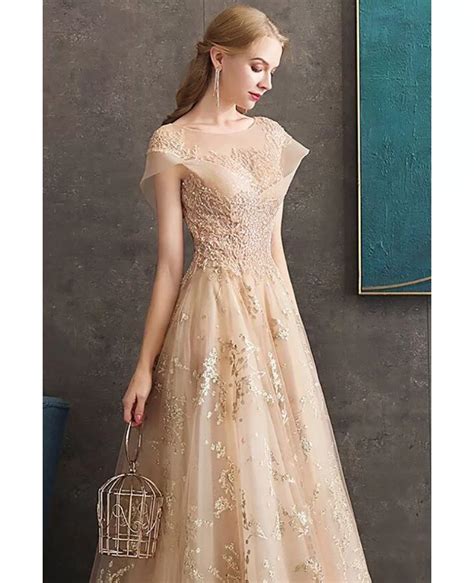 Luxury Champagne Gold Sequined Long Formal Prom Dress With Sparkly