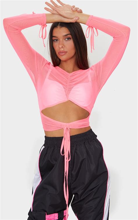 Hot Pink Mesh Ruched Cut Out Top Tops Prettylittlething