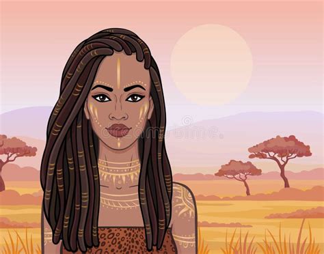 Animation Portrait Of The Beautiful African Girl In Ancient Clothes Savanna Princess Stock