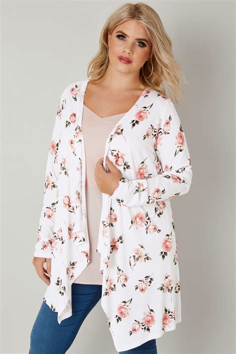 White And Pink Floral Print Longline Waterfall Cardigan Plus Size 16 To 36