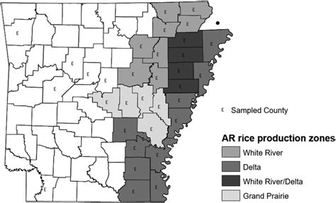 Locations Of The Sample Counties Of 2016 Arkansas Irrigation Survey And