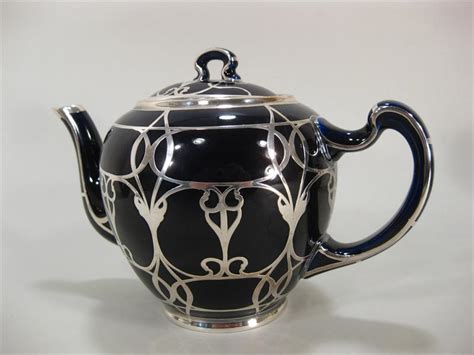 Igavel Auctions Lenox Cobalt Blue Porcelain Three Piece Tea Set Sterling Silver Overlay 20th