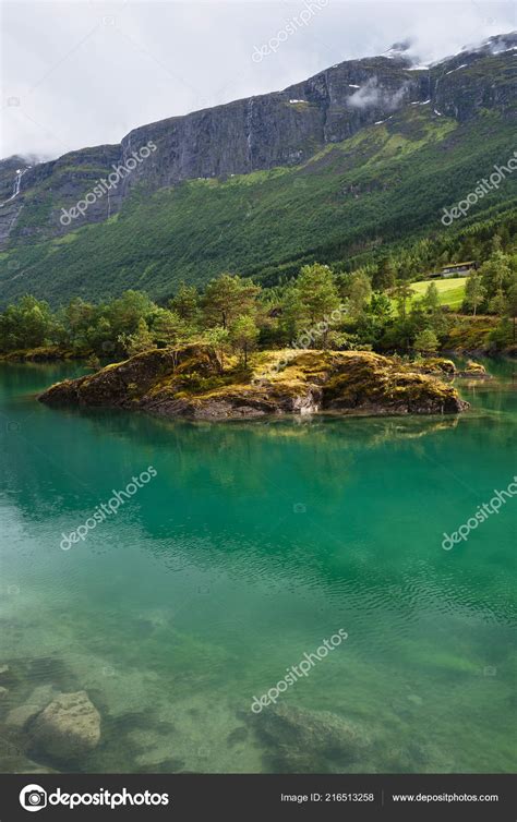 Green Lake Lovatnet Lodal Valley Scenic Landscape Norway Sunny Weather