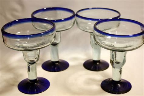 4 mexican hand blown cobalt blue rim margarita martini cocktail glass flat bowl mexican glass