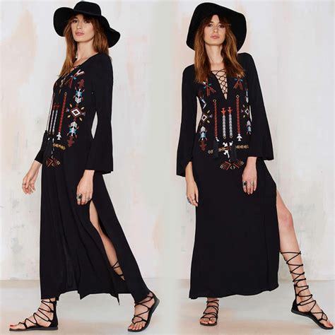 Boho Dress Women Folk Long Maxi Black Dress Embroidery Sexy Deep V Neck Hippie Chic Dresses Slit