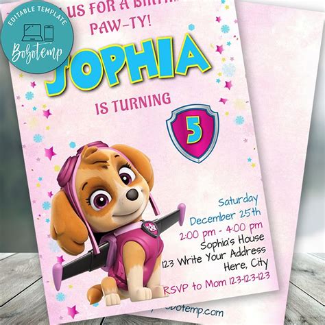 Editable Paw Patrol Pink For Girl Birthday Invitations Diy