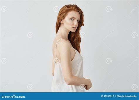 Beautiful Redhead Model In Sleepwear Posing Looking At Camera Stock Image Image Of Isolated