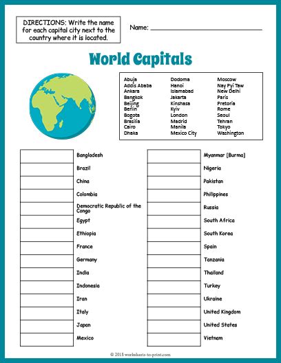 Capitals Worksheet Th Grade