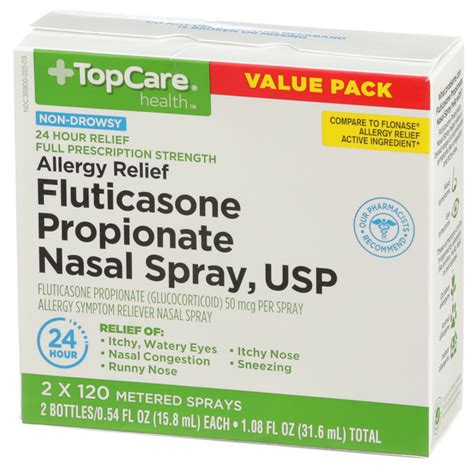 .fluticasone propionate nasal spray temporarily relieves symptoms of hay fever or other upper respiratory allergies: TopCare Fluticasone Nasal Spray Twin Pack | Hy-Vee Aisles ...