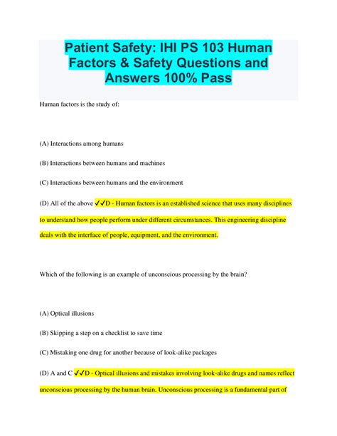 Patient Safety Ihi Ps 103 Human Factors And Safety Questions And Answers