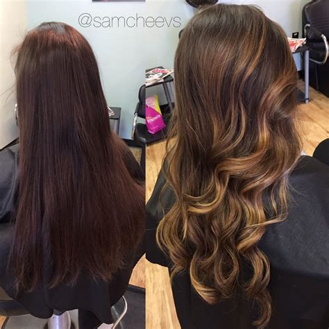 before and after from virgin brown hair to golden honey chocolate brown highlights balayage