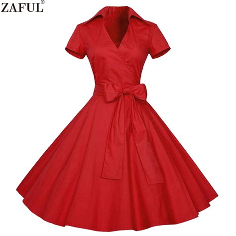 Zaful Women Rockabilly Dress Retro Pinup Hepburn V Neck Bow Ball Gown