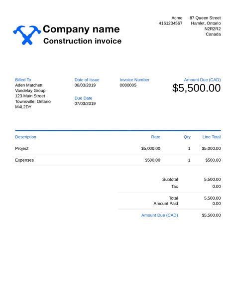 Free construction invoice template. customize and send in 90 seconds
