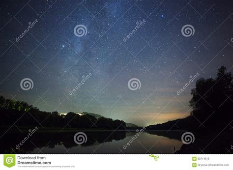 Beautiful Night Sky The Milky Way And The Trees Stock