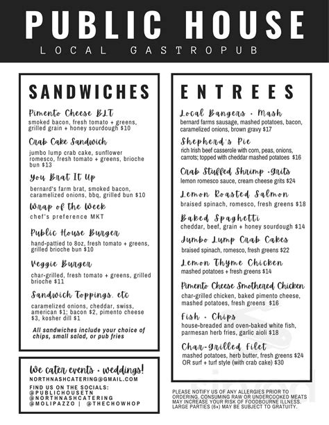 Menu for Public House in Springfield, TN | Sirved