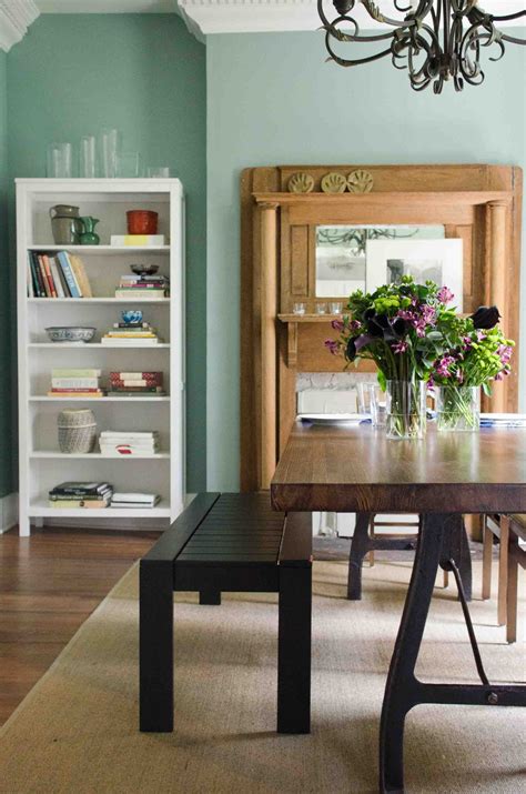 Green Dining Room With Industrial Table And Dining Bench On Thou Swell