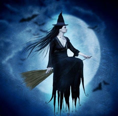 a woman dressed as a witch sitting on top of a broom in front of a full moon