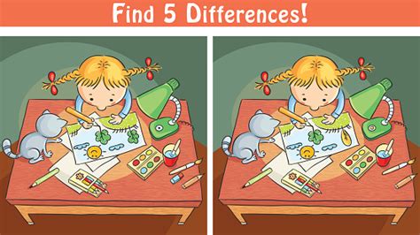 Find Differences Game With A Cartoon Girl Drawing A Picture Stock